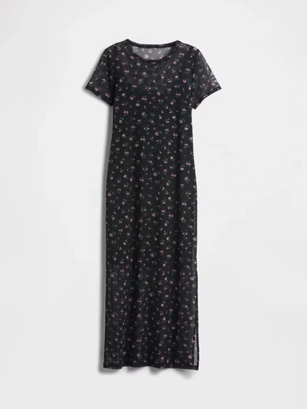 NEW GAP Floral Mesh Maxi Dress Black and Pink short sleeve S